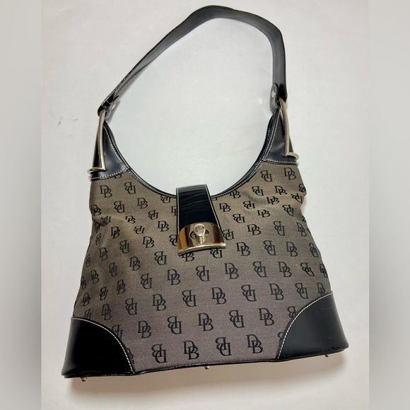 Dooney & Bourke Buckle Bucket Handbag Purse Lock Monogram Signature Black Grey. - Picture 12 of 16